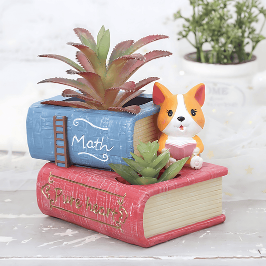 Dog Reading Book Resin Planter | Handmade Indoor & Outdoor Succulent Pot | Cute Home & Office Desk Décor