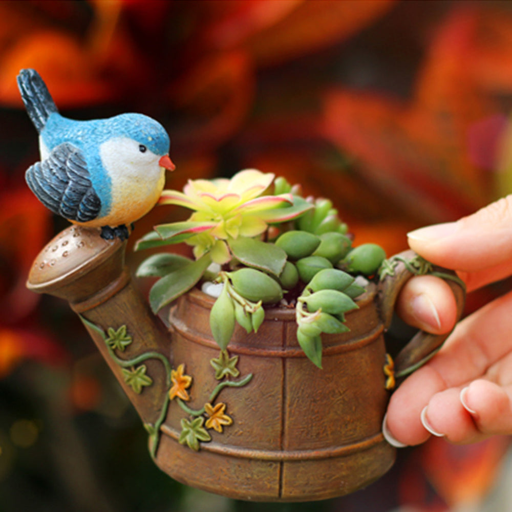 Bird Sitting on Kettle Resin Planter | Handmade Decorative Succulent & Bonsai Pot | Indoor Outdoor Home & Garden Décor