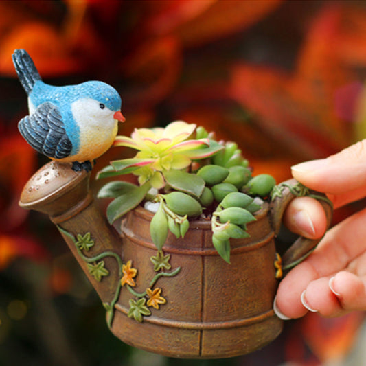 Bird Sitting on Kettle Resin Planter | Handmade Decorative Succulent & Bonsai Pot | Indoor Outdoor Home & Garden Décor