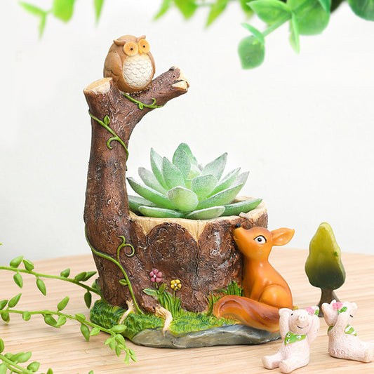 "Owl and Fox with Tree Resin Planter | Handmade Succulent & Bonsai Pot | Indoor Outdoor Home & Office Decor "